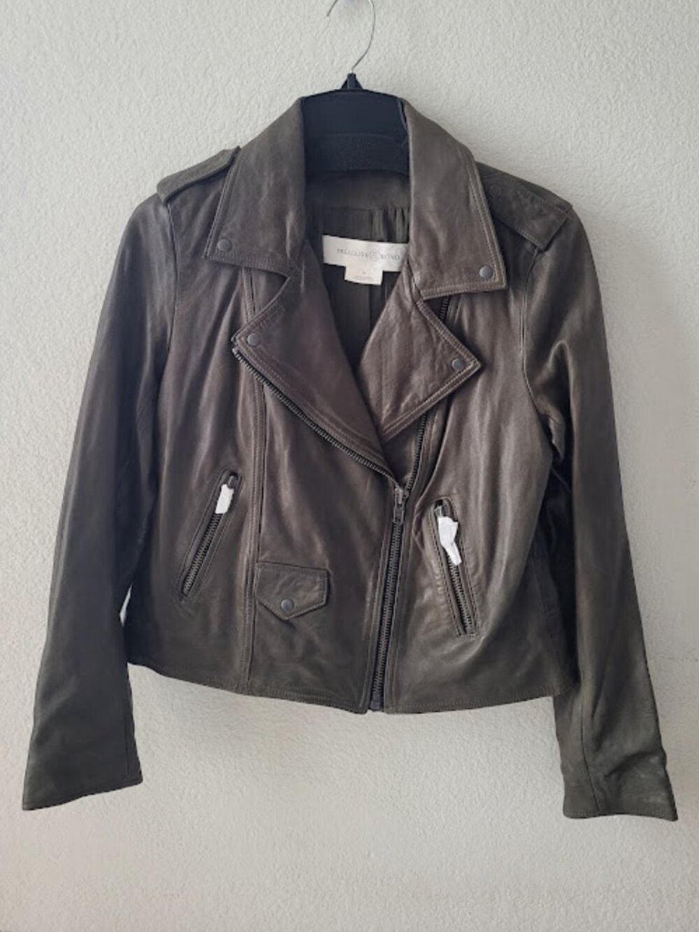 $329 Treasure & Bond Band Genuine Leather Moto Jacket in Olive Kalamata